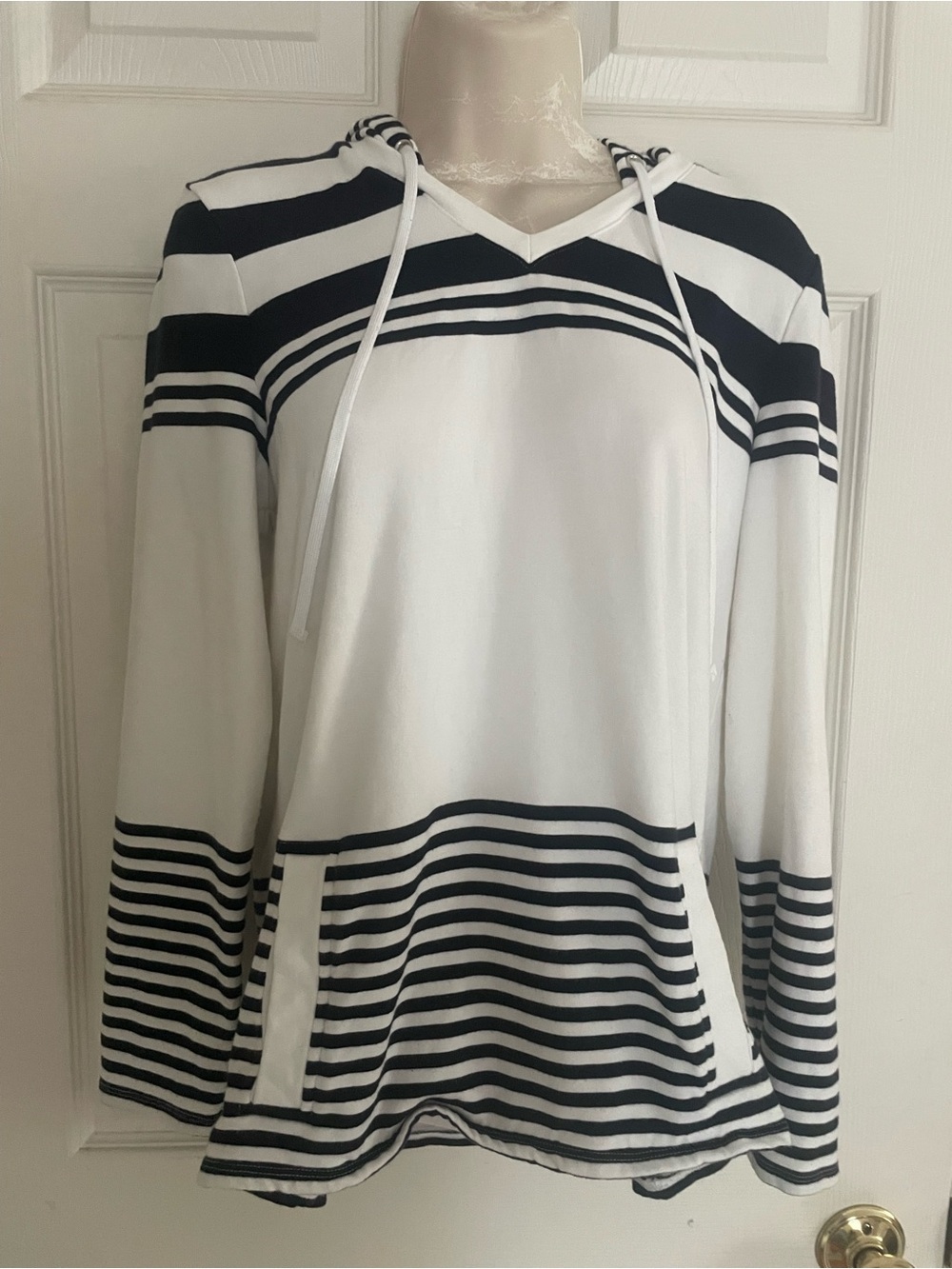 Talbots White & Black Striped Hooded Pullover